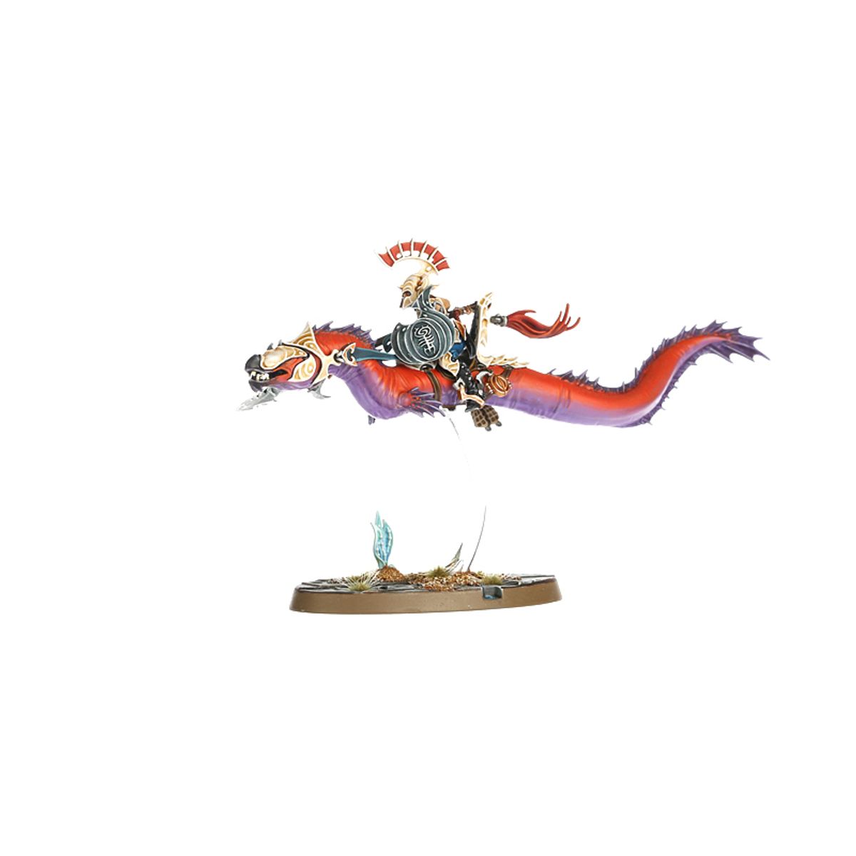 Akhelian Morrsarr Guard Lochian Prince - model jeźdźca w złoto-czerwonej zbroi na czerwono-fioletowym Fangmora Eel - Warhammer Age of Sigmar