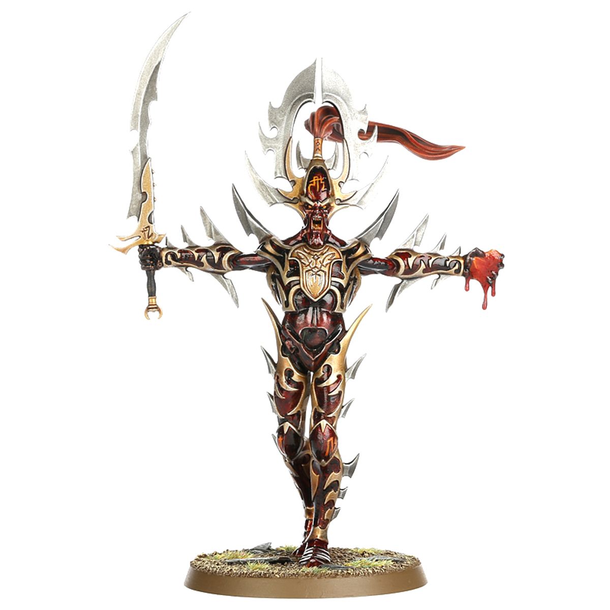 Slaughter Queen Daughters of Khaine - ciemnoczerwona zbroja złote detale miecz uniesiony w lewej ręce ikona Khaine'a na plecach owalna podstawka Age of Sigmar