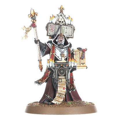 Dialogus Adepta Sororitas - widok z przodu czarna zbroja bordowy płaszcz Dialogus Staff złoty fleur-de-lis w lewej ręce zwój pergaminu w prawej płonące świece czaszka na szczycie brązowa podstawka Warhammer 40K