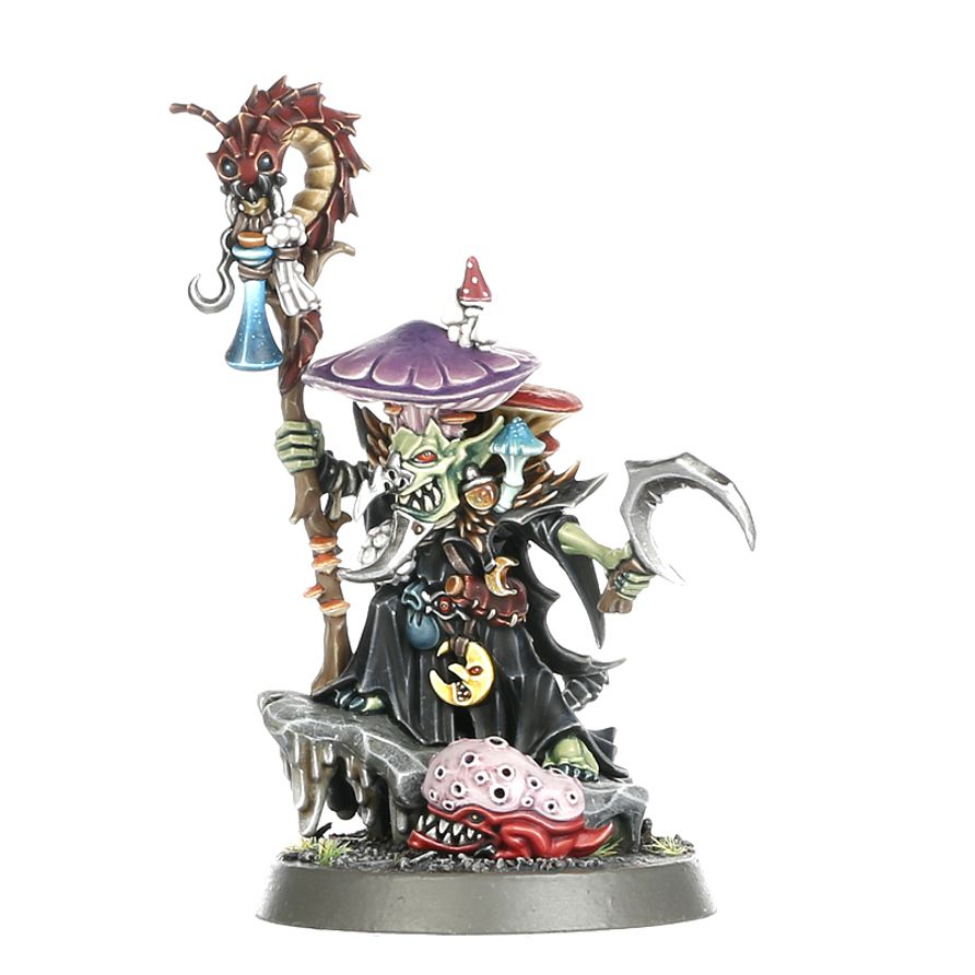 Snazzgar Stinkmullett - widok z przodu Fungoid Cave-Shaman z moon-sickle i spore squigiem