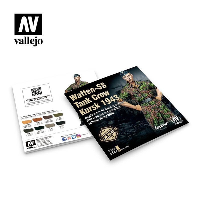 Vallejo 70249 Waffen-SS Tank Crew Kursk 1943 – broszura step by step Jaume Ortiz z przodu i tyłu: schemat malowania figurki załoganta SS w kamuflażu Eichenlaubmuster z QR kodem do wideo, Vallejo Alpine Miniatures
