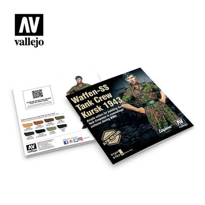 Vallejo 70249 Waffen-SS Tank Crew Kursk 1943 – broszura step by step Jaume Ortiz z przodu i tyłu: schemat malowania figurki załoganta SS w kamuflażu Eichenlaubmuster z QR kodem do wideo, Vallejo Alpine Miniatures

