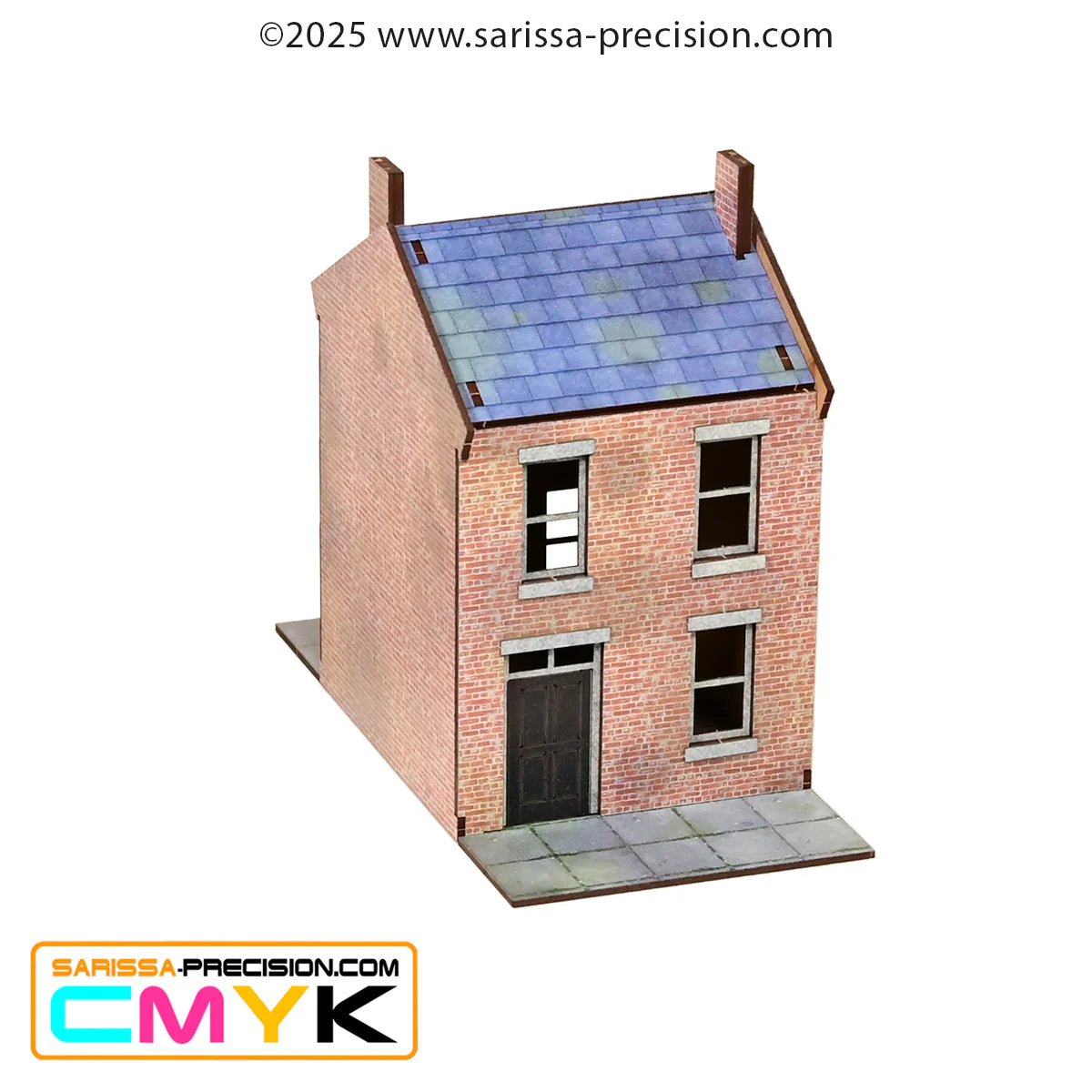 Hawthorne Street Set GLA009B – Narrow Cut House GLA002, 2-piętrowa ceglana kamienica z czarnymi drzwiami i dachem łupkowym, MDF CMYK, 28mm Sarissa Precision
