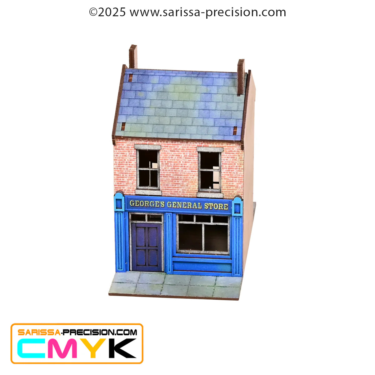 Small Heath Starter Set GLA007B – George's General Store GLA003, 2-piętrowy budynek z niebieską fasadą sklepu i dachem łupkowym, MDF CMYK, 28mm Sarissa Precision
