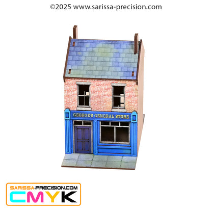 Small Heath Starter Set GLA007B – George's General Store GLA003, 2-piętrowy budynek z niebieską fasadą sklepu i dachem łupkowym, MDF CMYK, 28mm Sarissa Precision
