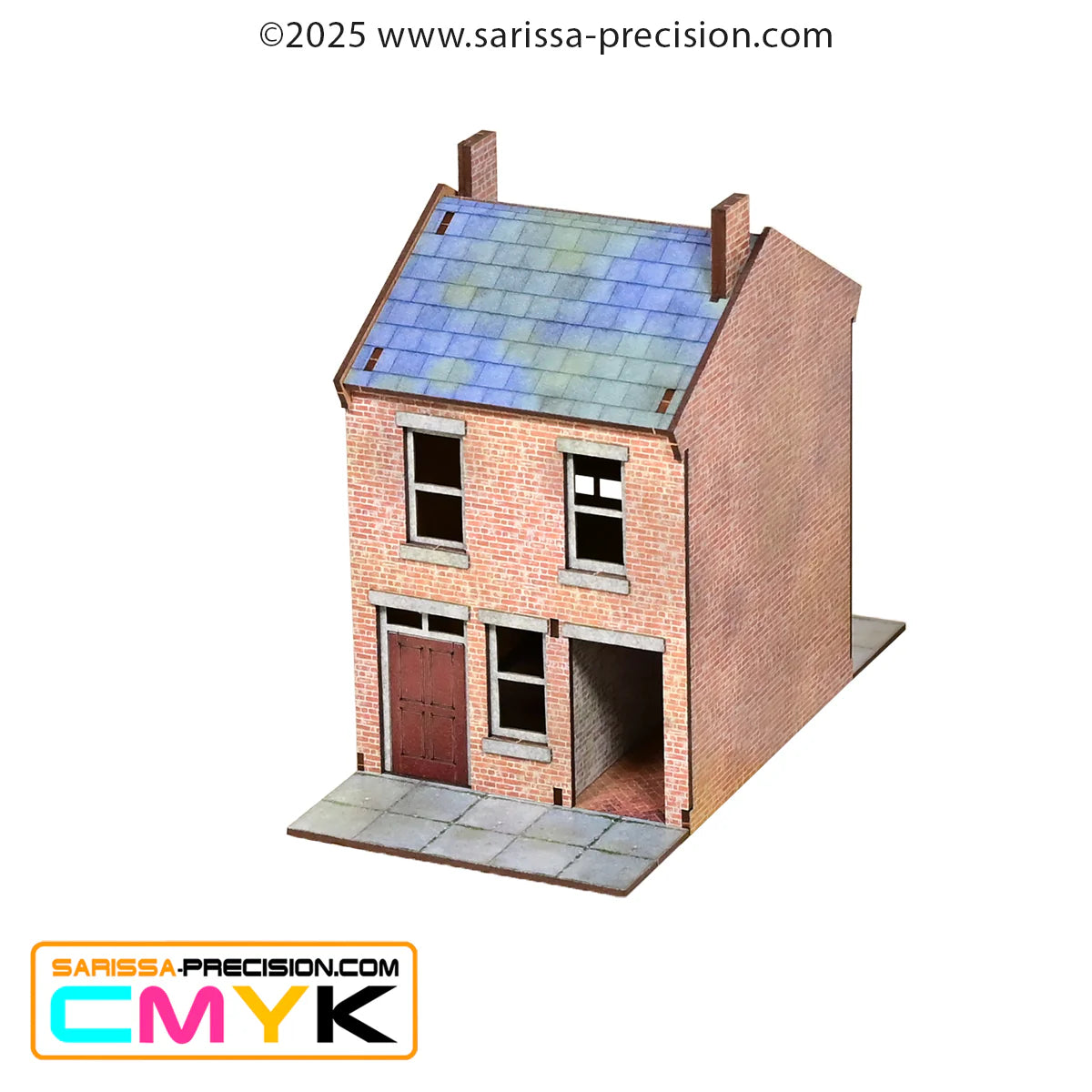 Hawthorne Street Set GLA009B – Brass Lane House GLA004, 2-piętrowa ceglana kamienica z czerwonymi drzwiami i otwartym przejściem bramnym, MDF CMYK, 28mm Sarissa Precision
