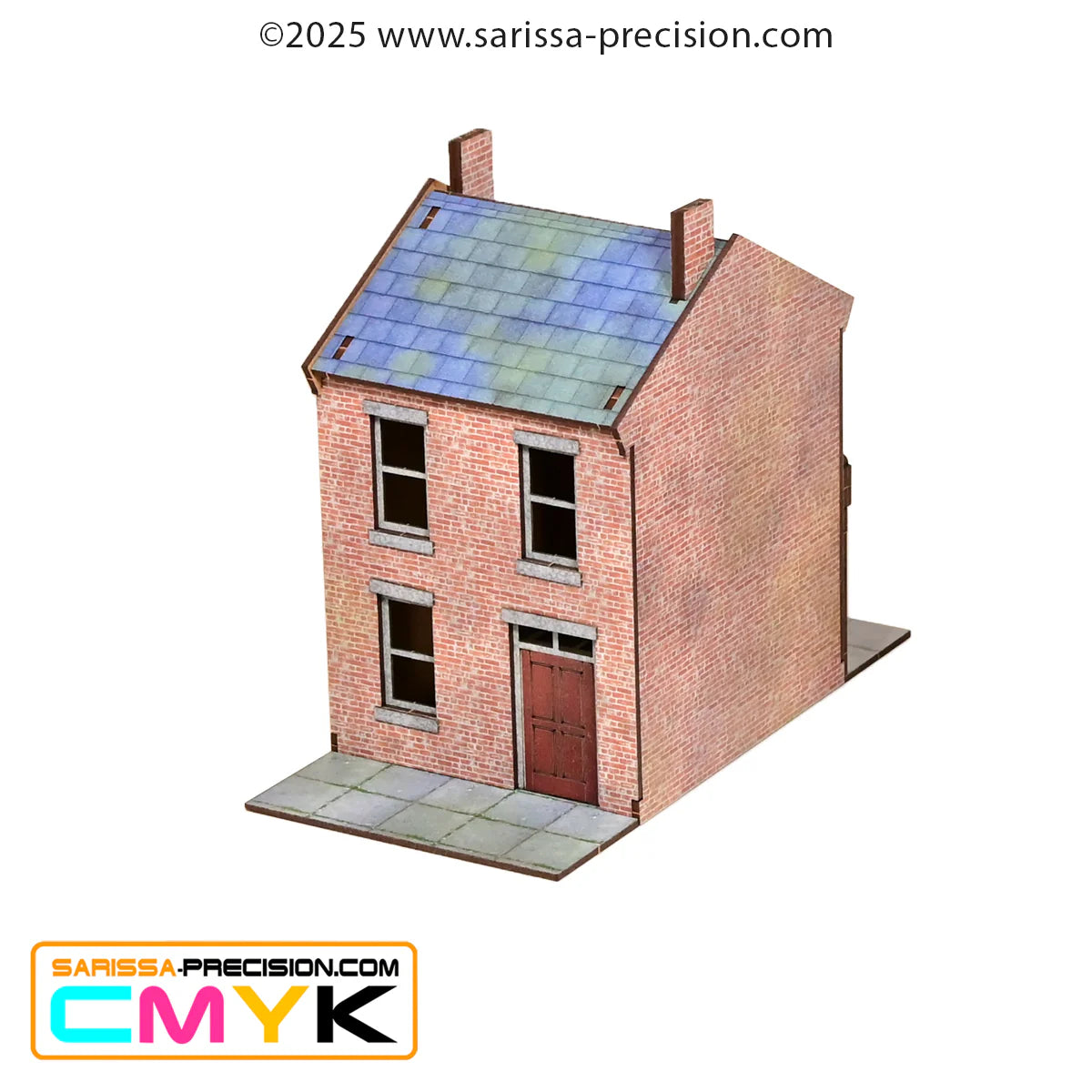 Rooke's Pie Shop GLA013 – widok izometryczny z boku na 2-piętrowy budynek z czerwoną fasadą sklepu, ceglana boczna ściana i dach łupkowy, MDF CMYK, 28mm Sarissa Precision
