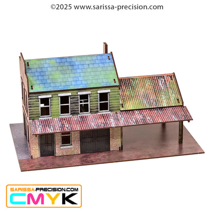 Factory End Set GLA008B – zbliżenie na Foundry Street Warehouse z zielonymi ścianami, falistym dachem z blachy i otwartą wiatą, MDF CMYK, 28mm Sarissa Precision
