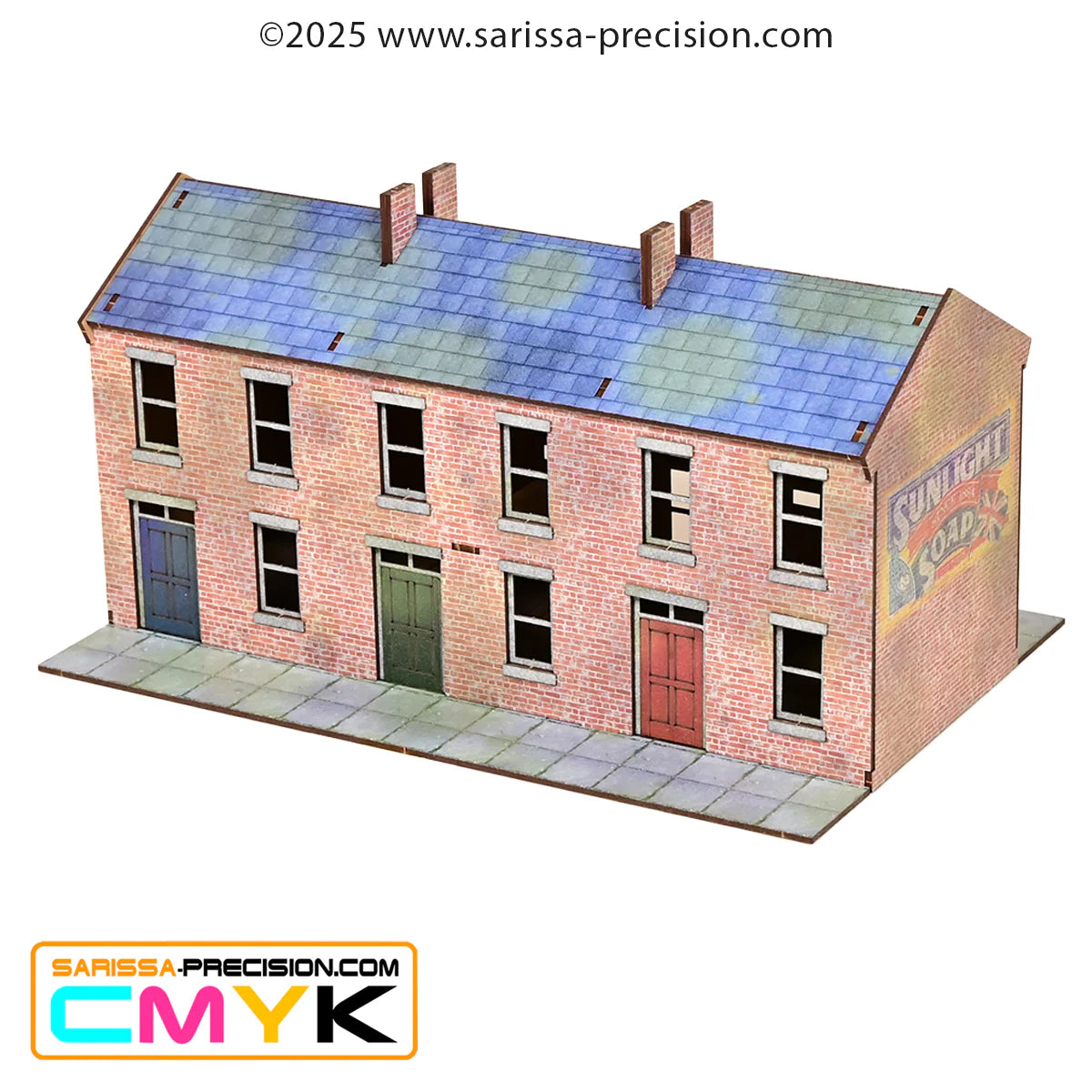 Small Heath Starter Set GLA007B – zbliżenie na Ashcroft Terrace Block z kolorowymi drzwiami i reklamą Sunlight Soap na bocznej ścianie, MDF CMYK prepainted, 28mm Sarissa Precision
