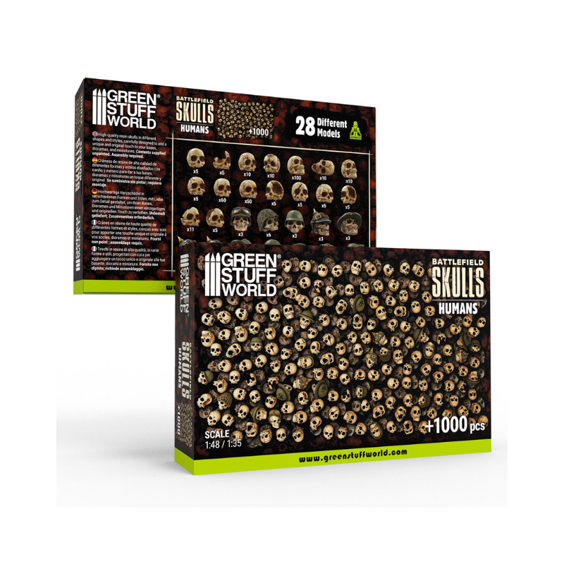 Battlefield Skulls Humans 1:48-1:35 – pudełko Green Stuff World z przodu i tyłu, 1000+ czaszek ludzkich, 28 modeli, skala 1:48-1:35, EAN 8435646522432