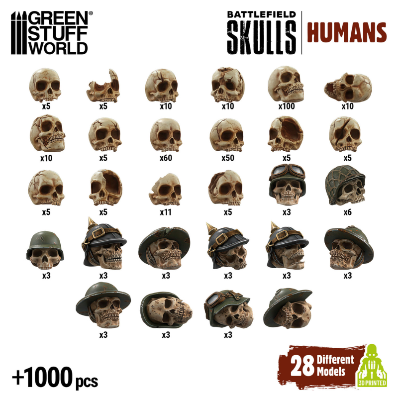 Green Stuff World Battlefield Skulls Humans – arkusz zawartości: 28 modeli czaszek ludzkich z hełmami (x3–x100), 1000+ sztuk, skala 1:48-1:35, żywica ABS druk 3D