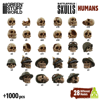 Green Stuff World Battlefield Skulls Humans – arkusz zawartości: 28 modeli czaszek ludzkich z hełmami (x3–x100), 1000+ sztuk, skala 1:48-1:35, żywica ABS druk 3D