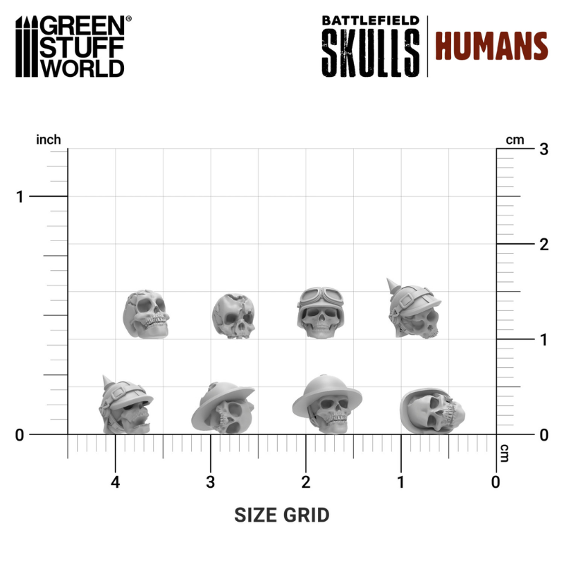Battlefield Skulls Humans 1:48-1:35 – siatka rozmiarów: czaszki ludzkie z hełmami 1–2cm, porównanie z linijką calowo-metryczną, szara żywica ABS