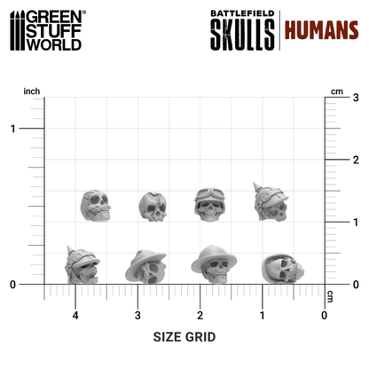 Battlefield Skulls Humans 1:48-1:35 – siatka rozmiarów: czaszki ludzkie z hełmami 1–2cm, porównanie z linijką calowo-metryczną, szara żywica ABS