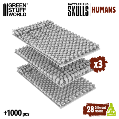 Battlefield Skulls Humans 1:48-1:35 – 3 arkusze druku 3D z 1000+ czaszkami ludzkimi i hełmami, oznaczenie x3, szara żywica ABS Green Stuff World