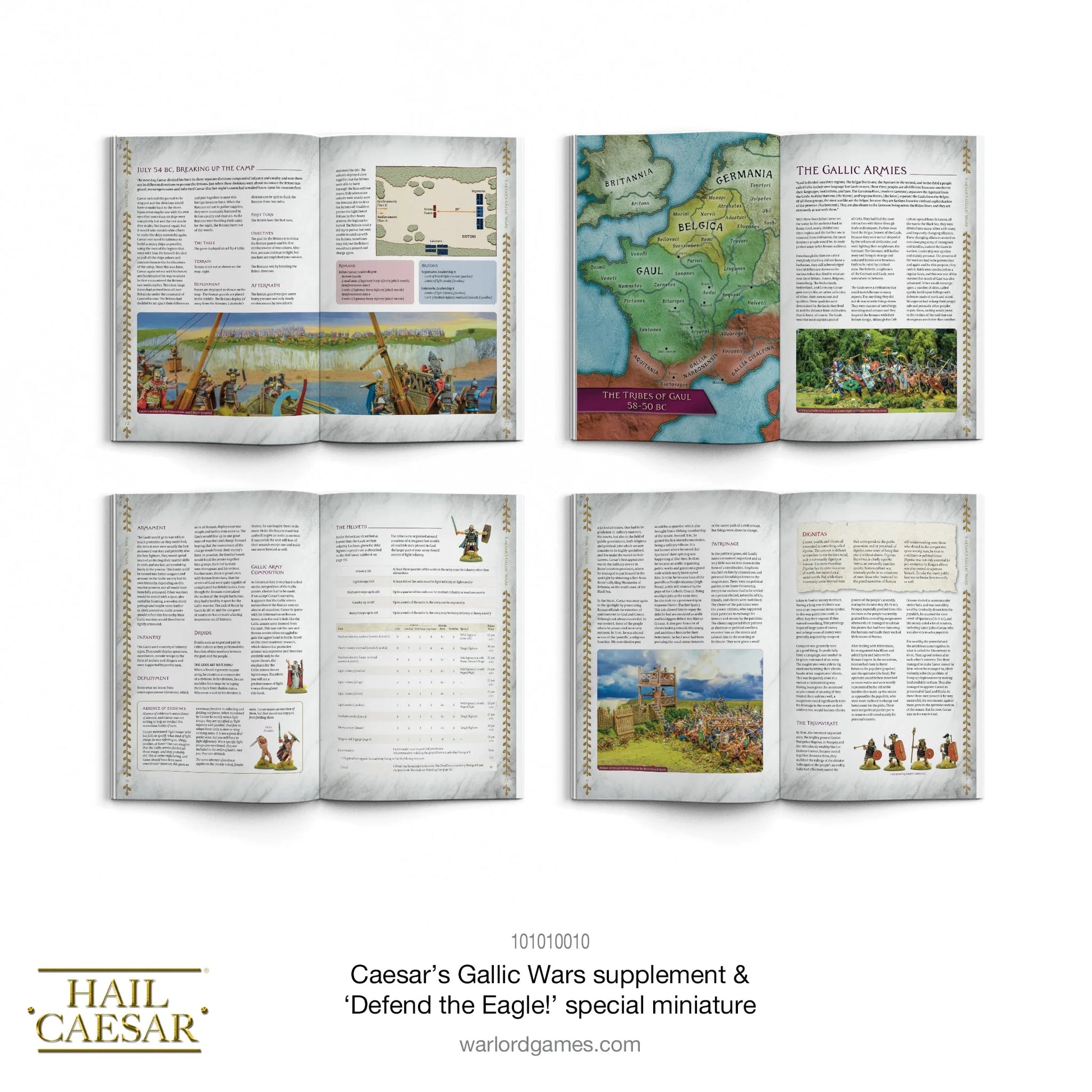 Hail Caesar: Caesar's Gallic Wars – rozkładówki: scenariusz July 54 BC Breaking Up the Camp z mapą i tabelami, mapa Galii z plemionami 58–50 BC (Britannia, Germania, Belgica, Gaul), listy armii galijskich i rzymskich, zasady Druidów i Vercingetoryksa
