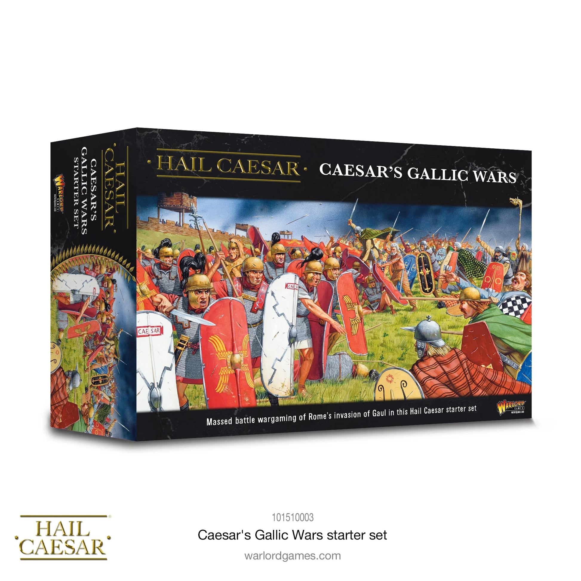 Pudełko zestawu Caesar's Gallic Wars Starter Set 101510003 – Hail Caesar Massed Battle Wargaming, ilustracja starcia legionistów rzymskich z Galami, czarne pudełko ze złotymi zdobieniami, Warlord Games
