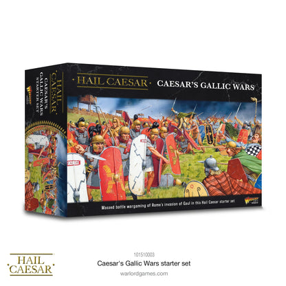 Pudełko zestawu Caesar's Gallic Wars Starter Set 101510003 – Hail Caesar Massed Battle Wargaming, ilustracja starcia legionistów rzymskich z Galami, czarne pudełko ze złotymi zdobieniami, Warlord Games
