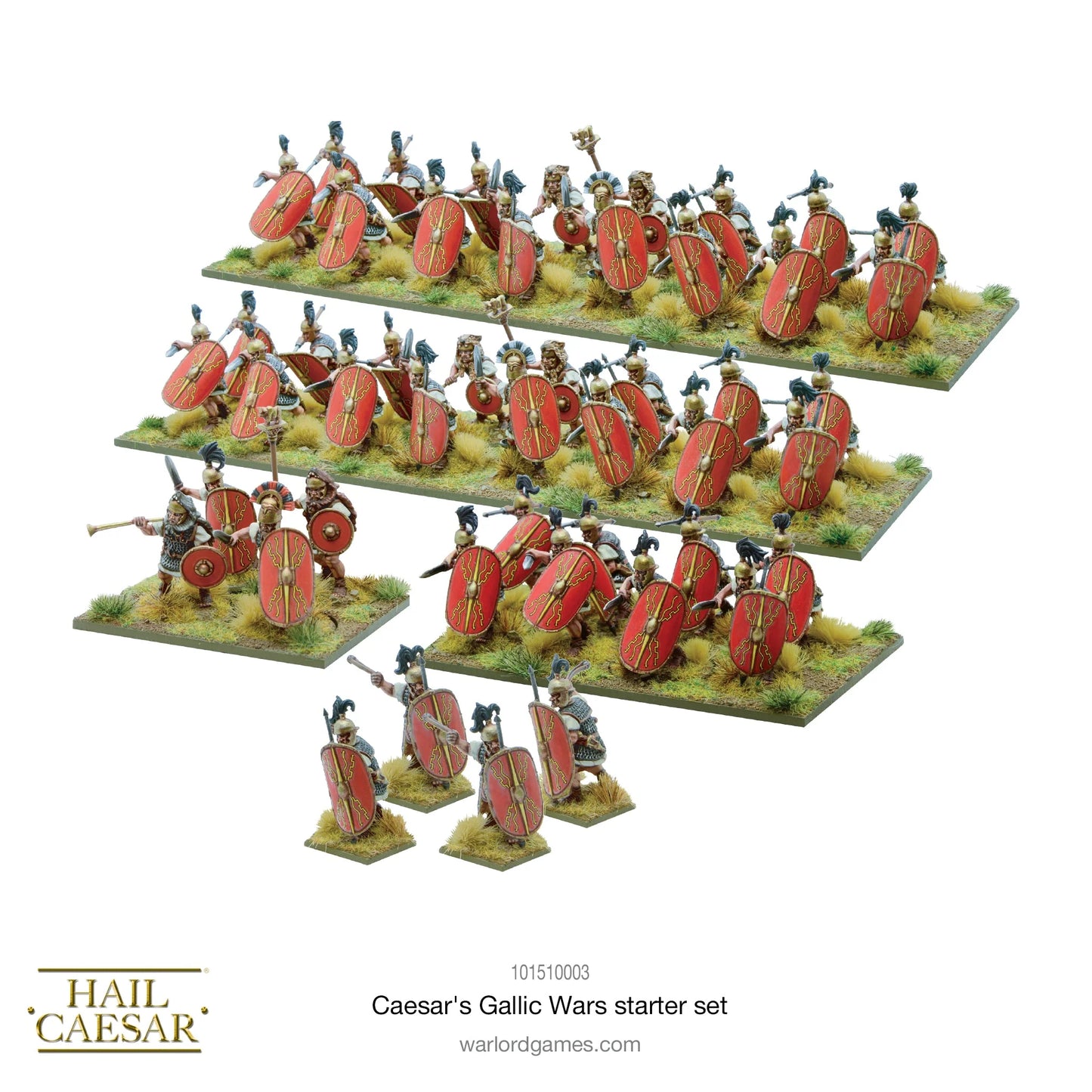 Caesar's Gallic Wars Starter Set 101510003 – 48 plastikowych figurek legionistów rzymskich z czerwonymi tarczami scutum i złotymi zdobieniami na podstawkach trawiastych, widok z góry, 28mm Hail Caesar
