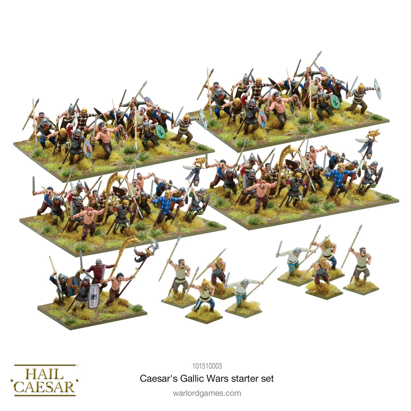 Caesar's Gallic Wars Starter Set 101510003 – 80 plastikowych figurek Galów z włóczniami, mieczami i tarczami w kolorowych strojach w klatkach i paskach, widok z góry, 28mm Hail Caesar Warlord Games
