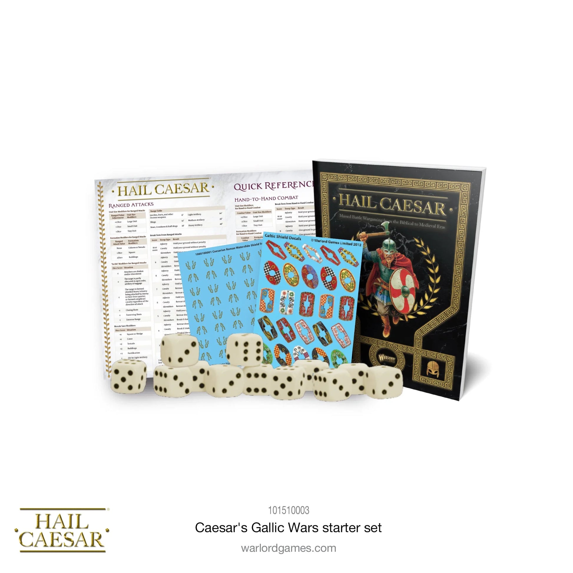 Caesar's Gallic Wars Starter Set 101510003 – akcesoria zestawu: książka zasad Hail Caesar Gamer's Edition, arkusz szybkiego odniesienia, kolorowe naklejki wodne na tarcze celtyckie i rzymskie oraz 12 białych kości k6, Warlord Games

