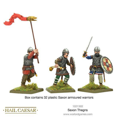Saxon Thegns Hail Caesar Warlord Games – 3 figurki chorąży i wojownicy, plastik 28mm
