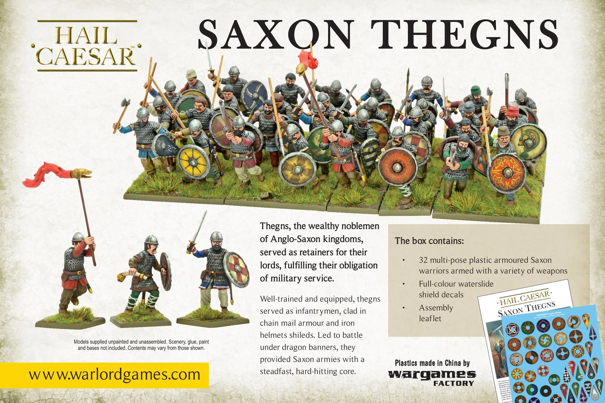 Saxon Thegns pudełko tył Hail Caesar Warlord Games – zawartość zestawu, kalkomanie 28mm
