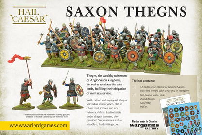 Saxon Thegns pudełko tył Hail Caesar Warlord Games – zawartość zestawu, kalkomanie 28mm
