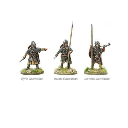 Saxon Leaders Battle of Hastings Warlord Games 103013017 – 3 metalowe figurki z przodu: Gyrth Godwinson z mieczem, Harold Godwinson z włócznią, Leofwine Godwinson z tarczą, kolczugi, 28mm