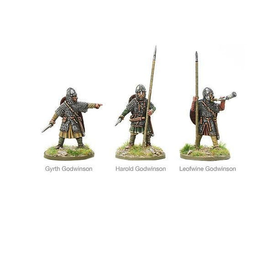 Saxon Leaders Battle of Hastings Warlord Games 103013017 – 3 metalowe figurki z przodu: Gyrth Godwinson z mieczem, Harold Godwinson z włócznią, Leofwine Godwinson z tarczą, kolczugi, 28mm