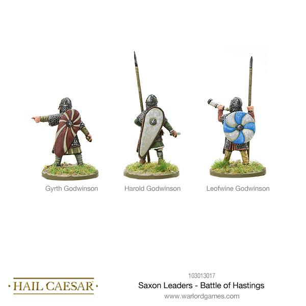Saxon Leaders Battle of Hastings Warlord Games – 3 metalowe figurki z tyłu: Gyrth z płaszczem, Harold z tarczą normandzką, Leofwine z tarczą okrągłą, detale kolczug i płaszczy, 28mm Hail Caesar