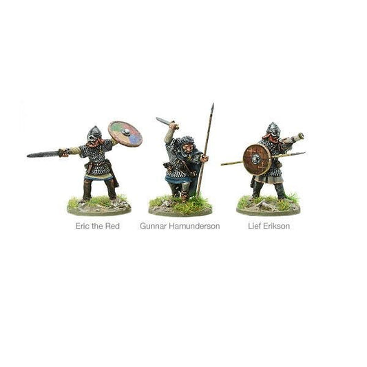 Icelandic Vikings Warlord Games 103013114 – 3 metalowe figurki: Eric the Red z mieczem i tarczą, Gunnar Hamunderson z włócznią, Leif Erikson z tarczą i toporem, 28mm SAGA