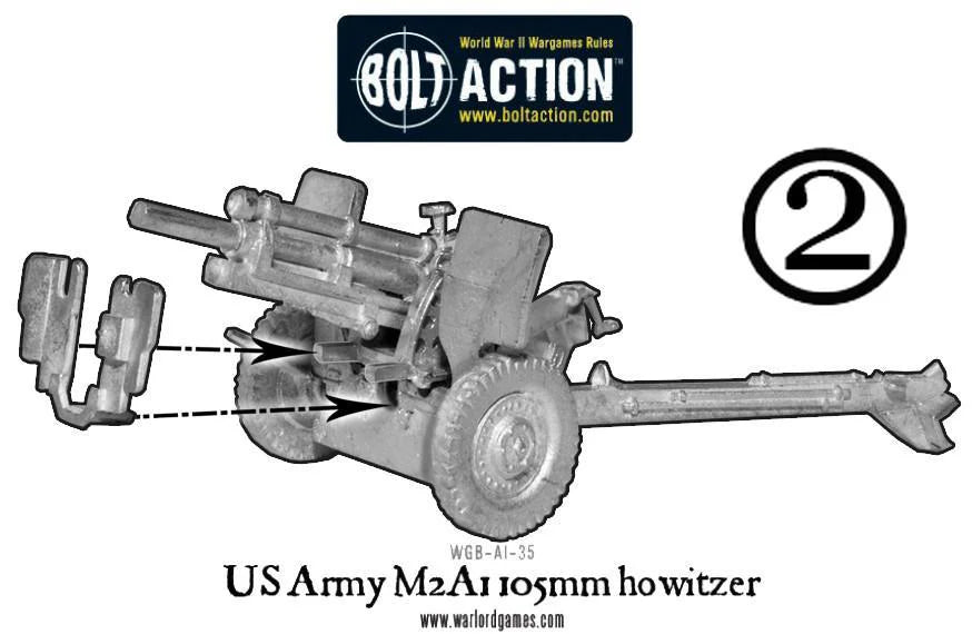 US Army M2A1 105mm Howitzer – haubica z obsługą 4 figurek amerykańskich żołnierzy w hełmach z siatką, na owalnej podstawce z trawiastym terenem 
schemat1