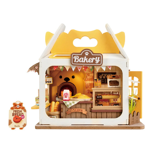 Piekarnia Teddy's Breadbox Rolife DS033 – gotowy miniaturowy domek w kształcie żółtego pudełka z niedźwiedziem, widok frontalny z wymiarami 16x4,6x14,5 cm