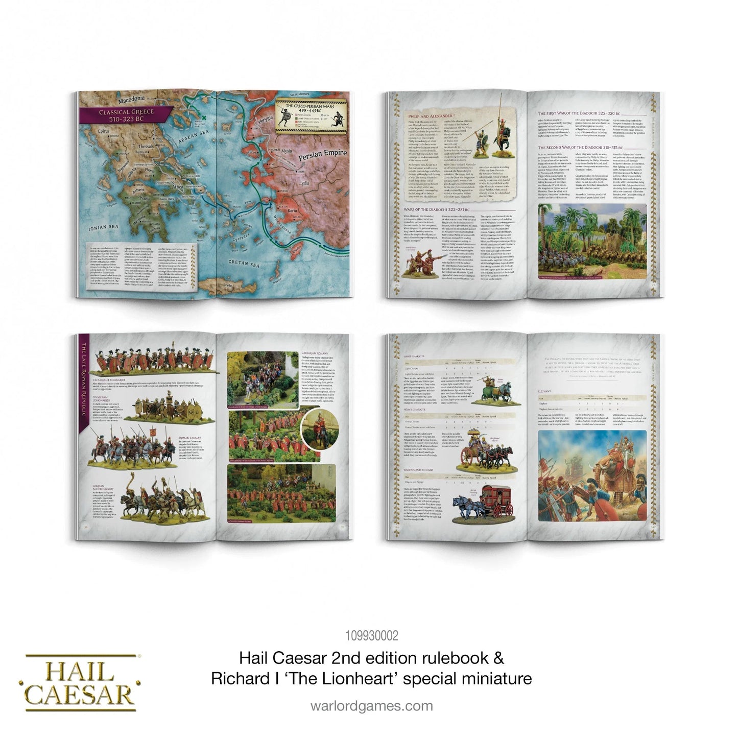 Hail Caesar 2nd Edition Rulebook - cztery rozkładówki książki na białym tle: górna lewa z kolorową mapą Klasycznej Grecji i wojen grecko-perskich 510-323 BC z zaznaczonymi Macedonią i Persją, górna prawa z opisem Filipa i Aleksandra oraz wojen diadochów z ilustracjami figurek, dolna lewa z listami armii Late Roman Successor z fotografiami pomalowanych figurek, dolna prawa z tabelami statystyk jednostek i ilustracją bitwy - napis Hail Caesar 2nd edition rulebook Richard I The Lionheart special miniature 1099