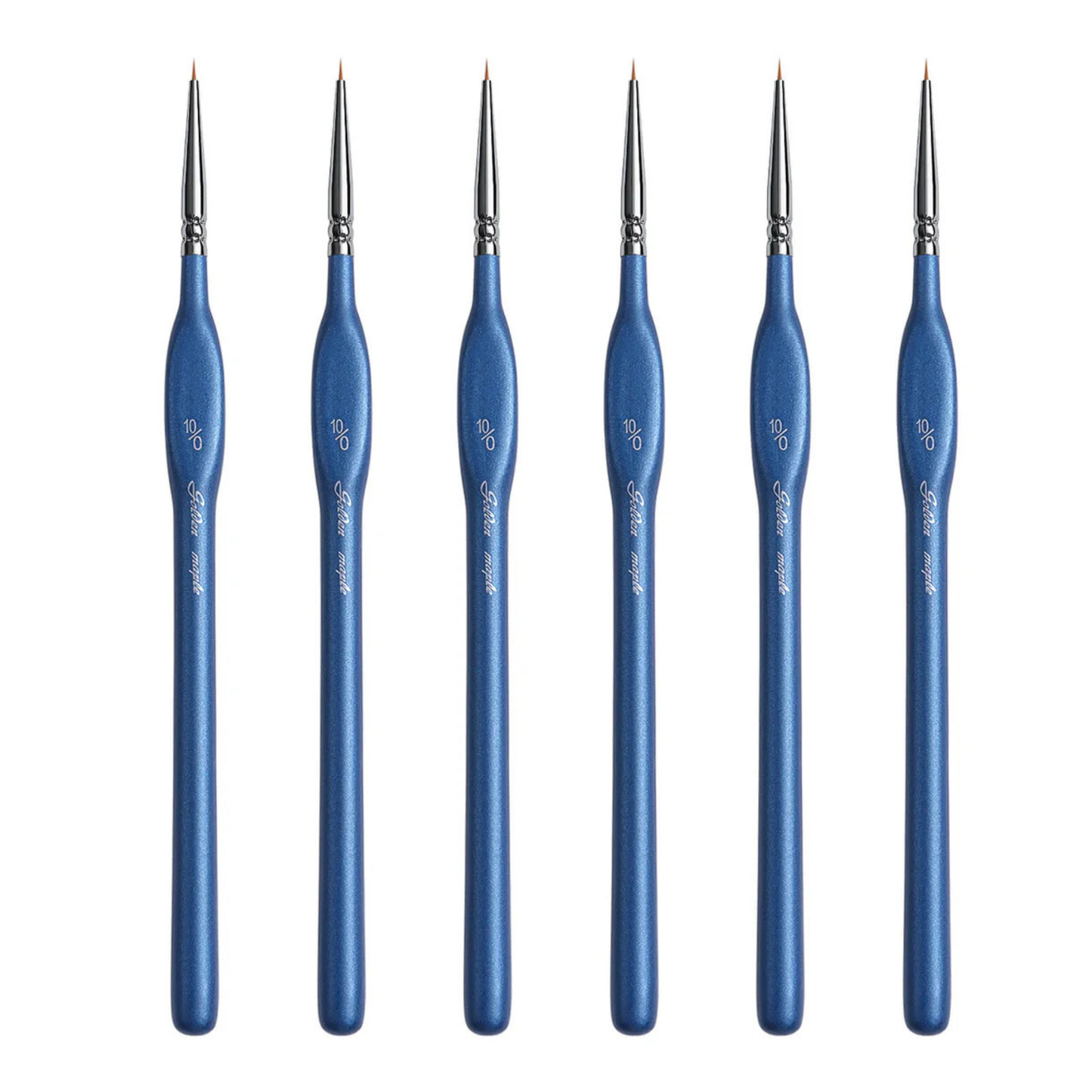 10/0 Extra Fine Tip Nylon Detail Brush Golden Maple – 6 identycznych pędzli okrągłych rozmiar 10/0 z japońskiego nylonu, niebieskie ergonomiczne uchwyty z logo Golden Maple, srebrny ferrule, ultra-cienki czubek, białe tło
