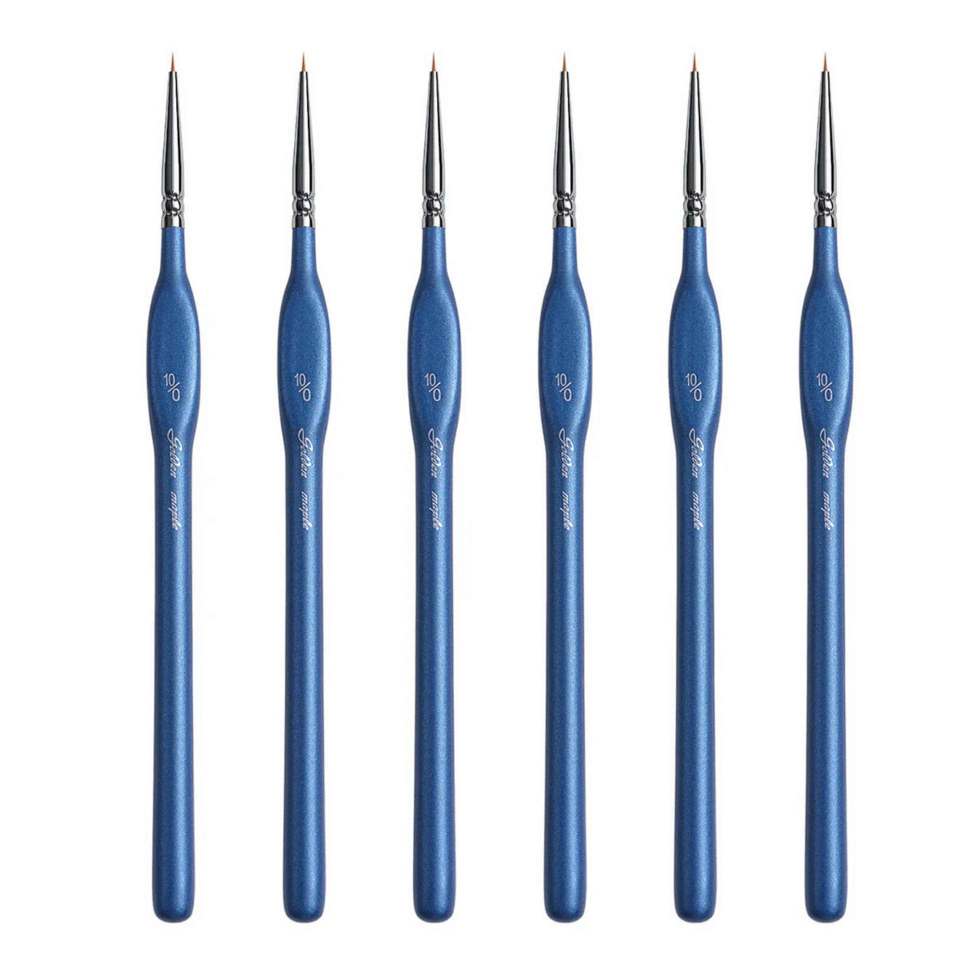 10/0 Extra Fine Tip Nylon Detail Brush Golden Maple – 6 identycznych pędzli okrągłych rozmiar 10/0 z japońskiego nylonu, niebieskie ergonomiczne uchwyty z logo Golden Maple, srebrny ferrule, ultra-cienki czubek, białe tło
