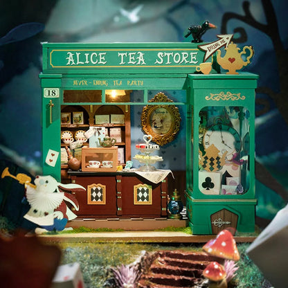 Herbaciarnia Alicji Alice's Tea Store Rolife DG156 – gotowy model w nocnym klimacie lasu z Krainy Czarów, widok z boku