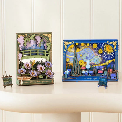 Gwiaździsta Noc The Starry Night Rowood TH003 – ręka trzymająca model na zewnątrz, widok na cyprys i wioskę z widocznymi zębatkami gwiazd