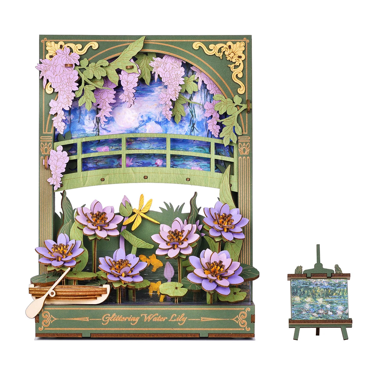 Lilie Wodne Glittering Water Lily Rowood TH001 – gotowy obraz 3D z fioletowymi liliami wodnymi i łodzią na stawie, widok frontalny na białym tle