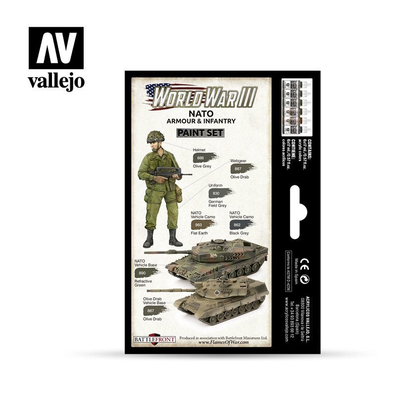 Vallejo 70223 World War III NATO Armour & Infantry Paint Set – tył pudełka z schematem malowania: żołnierz NATO, Leopard 2 i M1 Abrams z przypisaniem 6 kolorów, Vallejo
