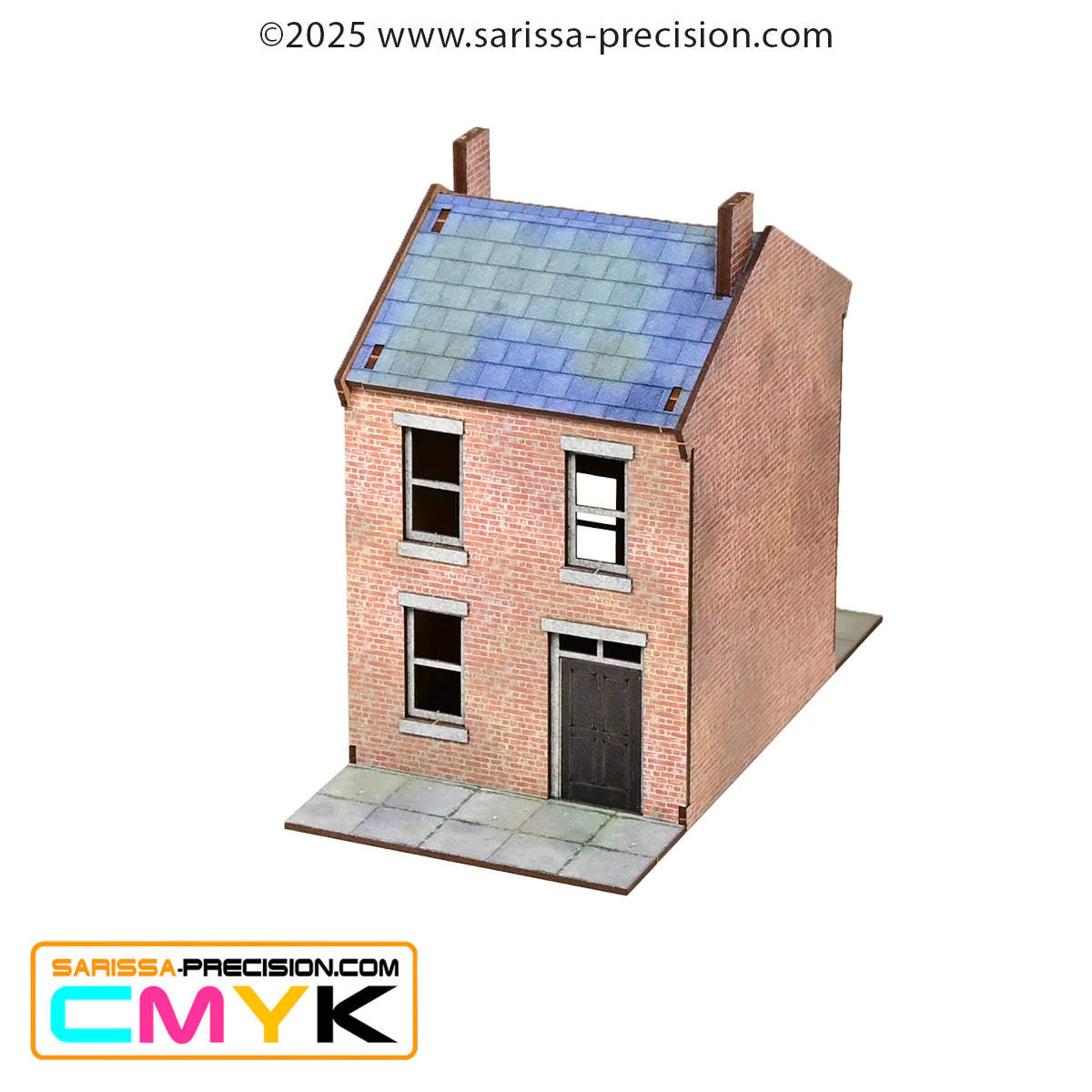 Small Heath Starter Set GLA007B – Narrow Cut House GLA002, 2-piętrowa ceglana kamienica z czarnymi drzwiami i dachem łupkowym, MDF CMYK, 28mm Sarissa Precision
