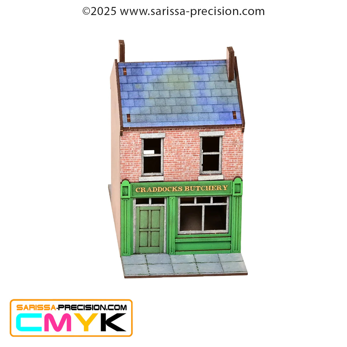 Factory End Set GLA008B – Craddock's Butchery GLA012, 2-piętrowy budynek z zieloną fasadą rzeźnika i dachem łupkowym, MDF CMYK, 28mm Sarissa Precision
