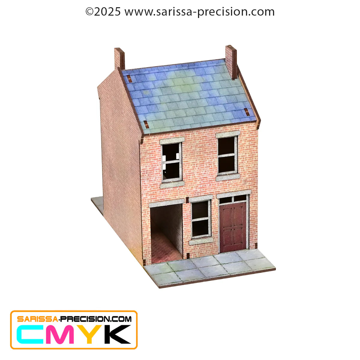 Factory End Set GLA008B – Brass Lane House GLA004, 2-piętrowa ceglana kamienica z czerwonymi drzwiami i otwartym przejściem bramnym, MDF CMYK, 28mm Sarissa Precision
