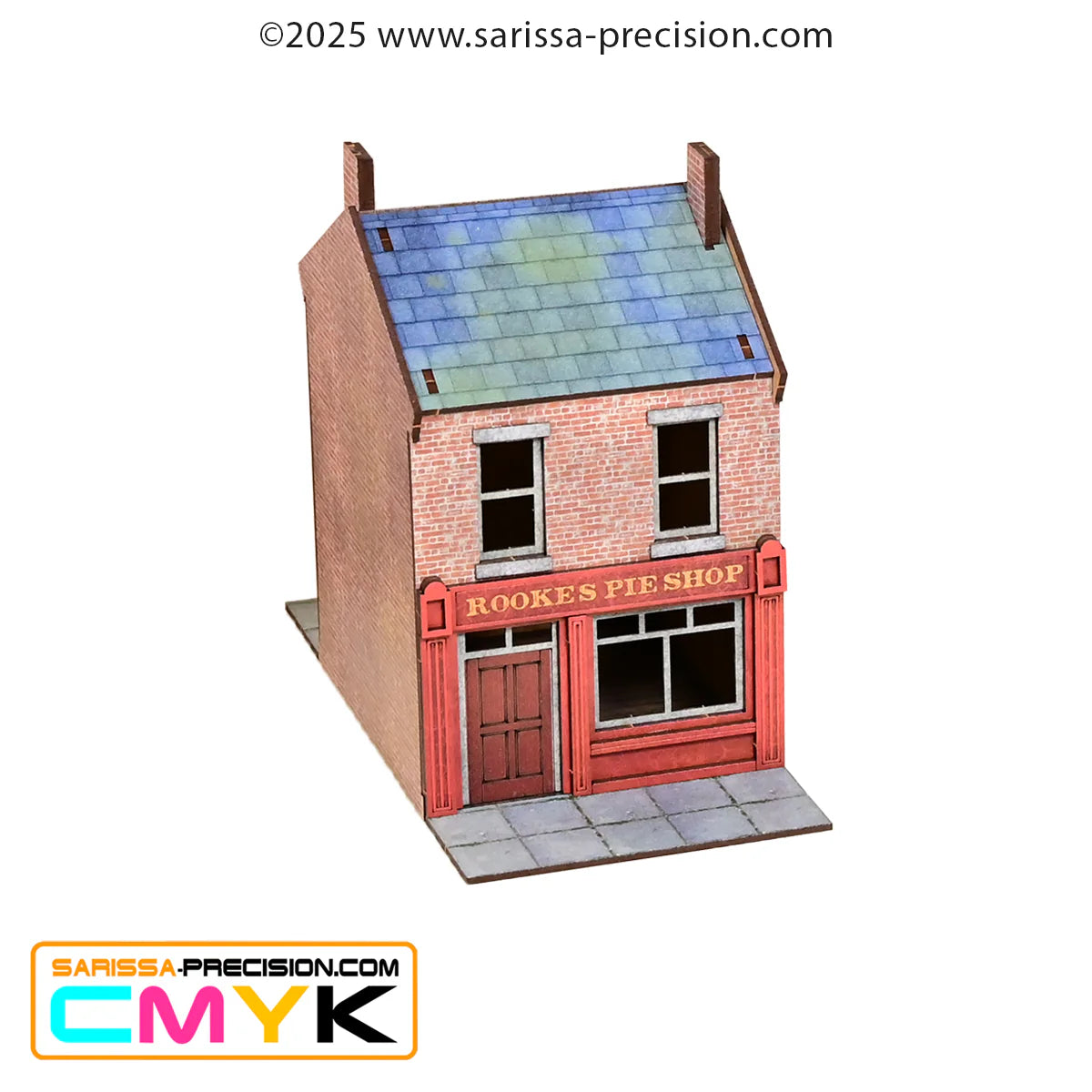 Hawthorne Street Set GLA009B – Rooke's Pie Shop GLA013, 2-piętrowy budynek z czerwoną fasadą sklepu z pierogami i dachem łupkowym, MDF CMYK, 28mm Sarissa Precision
