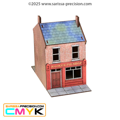 Hawthorne Street Set GLA009B – Rooke's Pie Shop GLA013, 2-piętrowy budynek z czerwoną fasadą sklepu z pierogami i dachem łupkowym, MDF CMYK, 28mm Sarissa Precision
