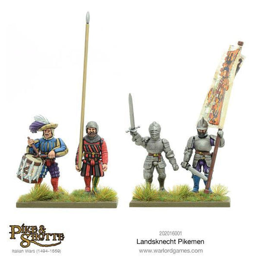 Landsknecht Pikemen Pike & Shotte - 4 pomalowane figurki dowództwa: bębnista w niebiesko-żółtym stroju z bębnem, pikinierz w czerwono-czarnym stroju z długą piką, oficer w pełnej zbroi płytowej z mieczem i chorąży w zbroi z flagą - Warlord Games 202016001 - warlordgames.com
