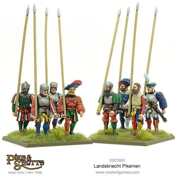 Landsknecht Pikemen Pike & Shotte - 6 pomalowanych pikinierów Landsknechtów z długimi pikami na zielonych podstawkach - lewa grupa: stroje w czerwono-zielone paski z hełmami, prawa grupa: kolorowe stroje z piórami i kapeluszami - Italian Wars 1494-1559 - Warlord Games 202016001 - warlordgames.com
