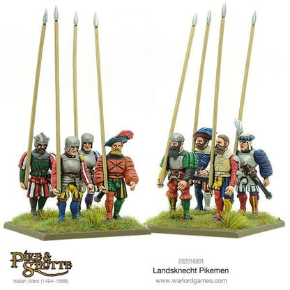 Landsknecht Pikemen Pike & Shotte - 6 pomalowanych pikinierów Landsknechtów z długimi pikami na zielonych podstawkach - lewa grupa: stroje w czerwono-zielone paski z hełmami, prawa grupa: kolorowe stroje z piórami i kapeluszami - Italian Wars 1494-1559 - Warlord Games 202016001 - warlordgames.com
