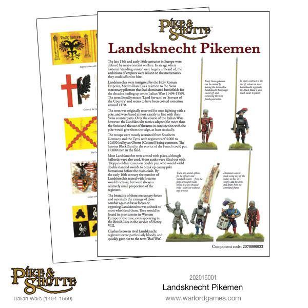 Landsknecht Pikemen Pike & Shotte - przewodnik historyczny z opisem Landsknechtów, ilustracjami figurek i wskazówkami do malowania oraz kolorowymi flagami: czarny orzeł na złotym tle (Cesarstwo), czerwony krzyż na białym tle i inne barwy rodowe - Warlord Games 202016001 - warlordgames.com
